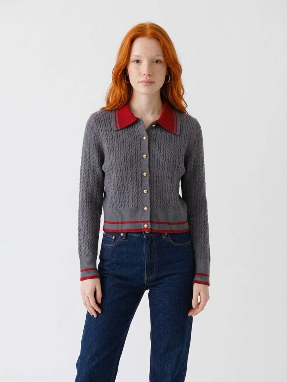 Nanette Lepore Gray Cable-Knit Cardigan with Red Collar. Preloved